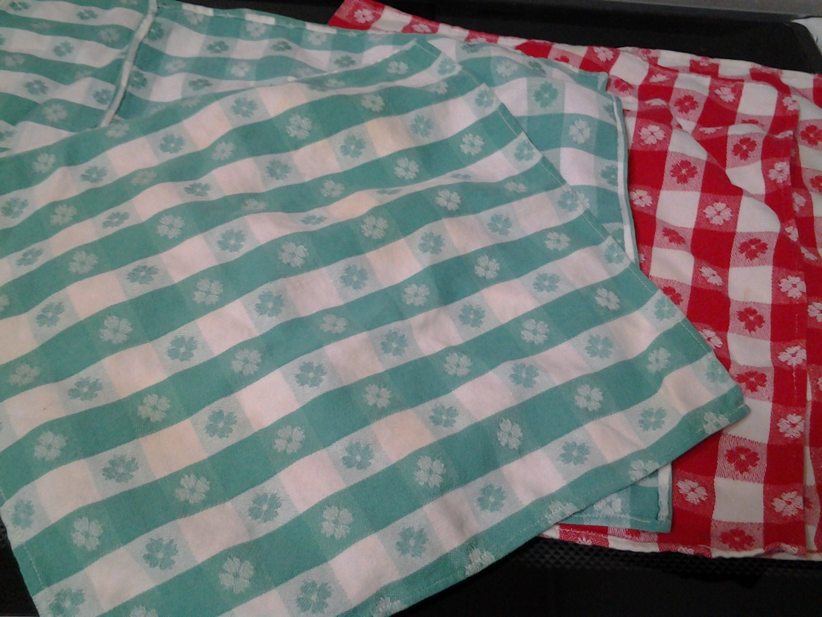 Vintage Lot of 5 OLD RED & WHITE GREEN & WHITE DISH CLOTHS FLORAL CHECK