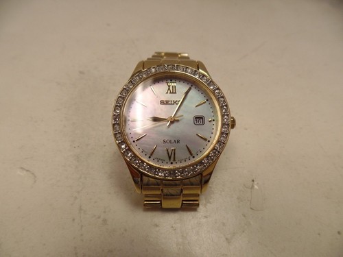 Seiko Women's V137 Gold Tone Mother Of Pearl Solar Watch