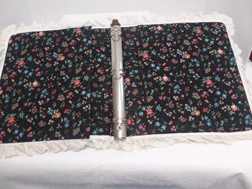 3 Ring Hand Crafted Scrapbook Black Floral Fabric White Lace Trim 10 1/2