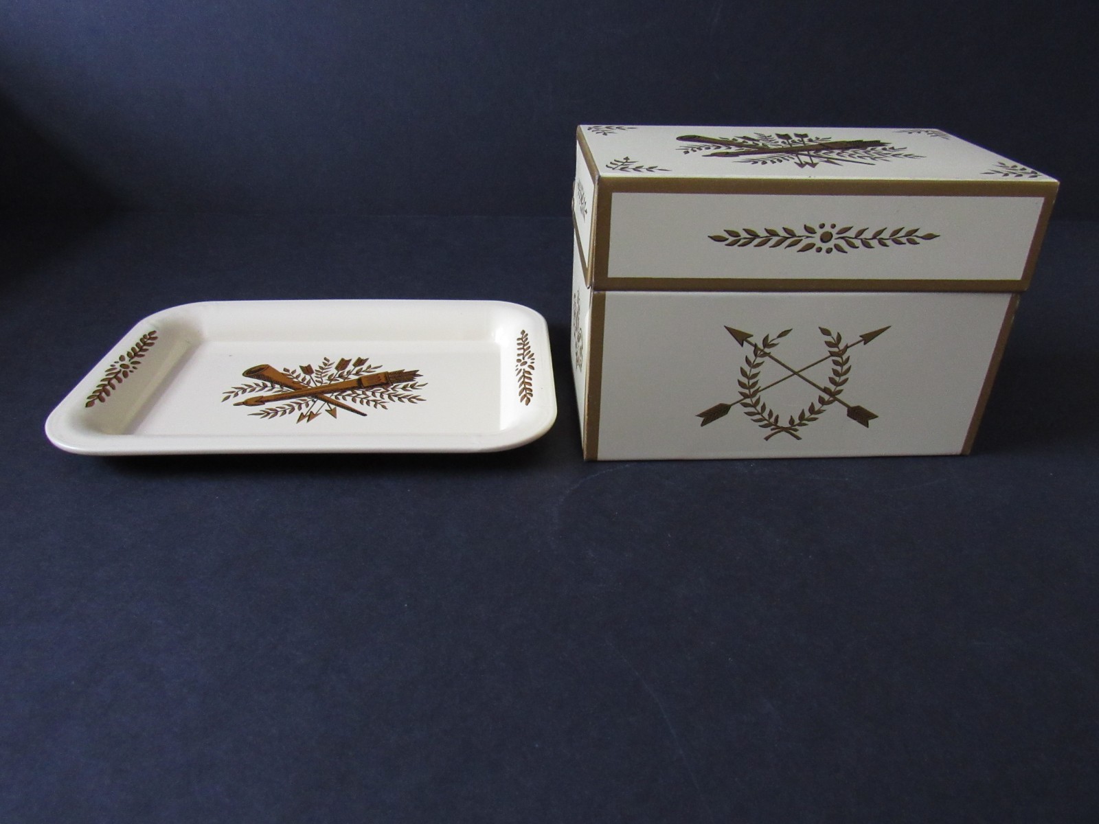 Vtg. Ohio Art Recipe Tin With Matching Tray, Wheat & Arrows Pattern. Exc. Cond.