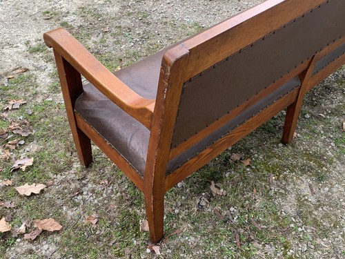 Antique Railroad Train Station Bench Spring Leather Knights Of Pythias Lodge