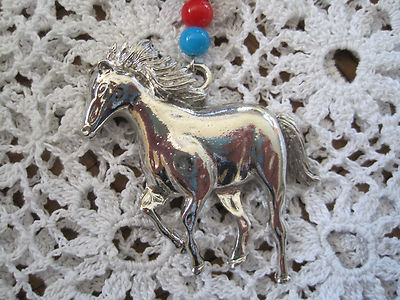 Key Chain Silver Tone Horse Red and Blue Bead Vintage