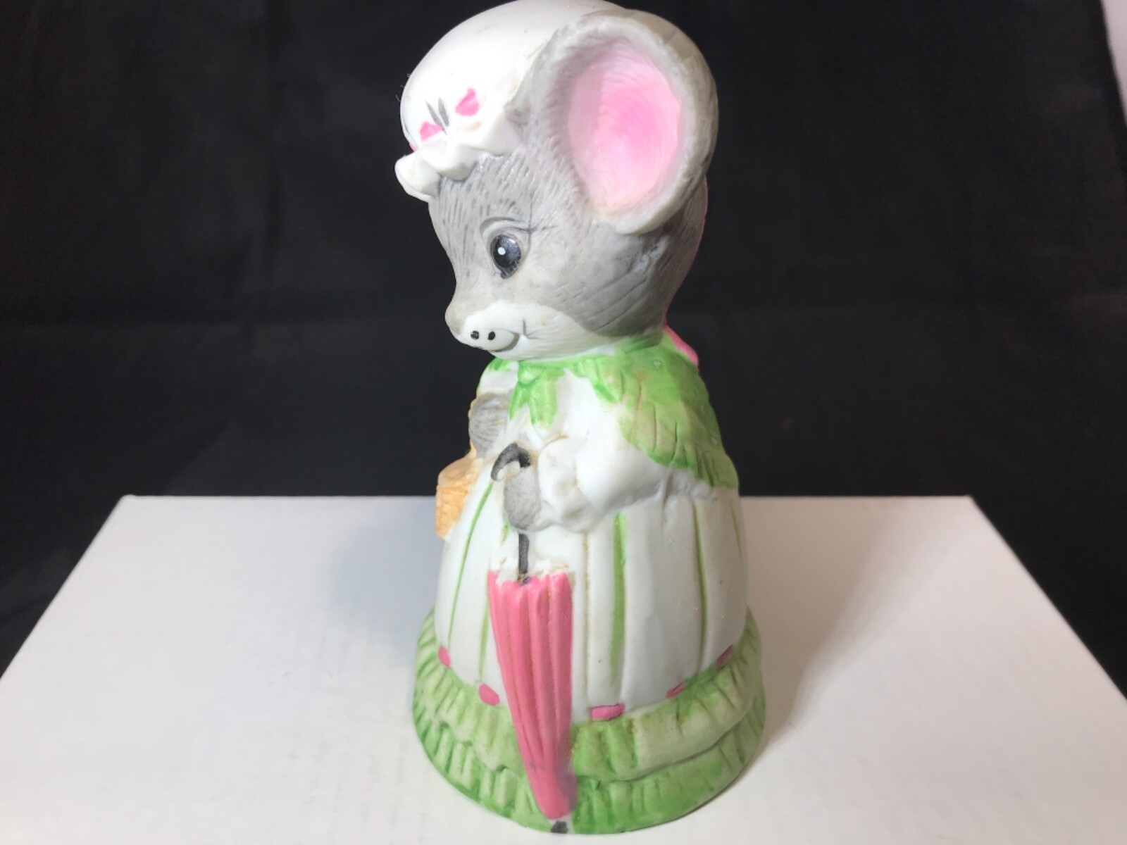 Vintage Mrs. Grandma Mouse Bell Figurine Bisque Umbrella Jasco