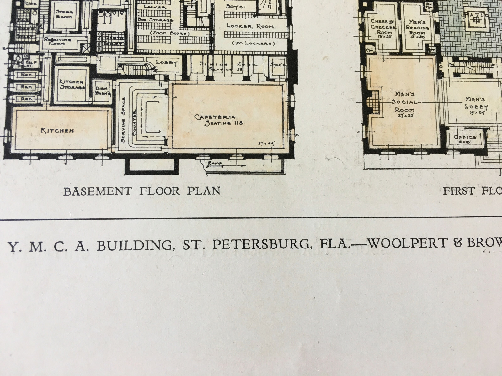 YMCA, Plans, St Petersburg, FL, 1928, Woolpert & Brown, Original Hand Colored