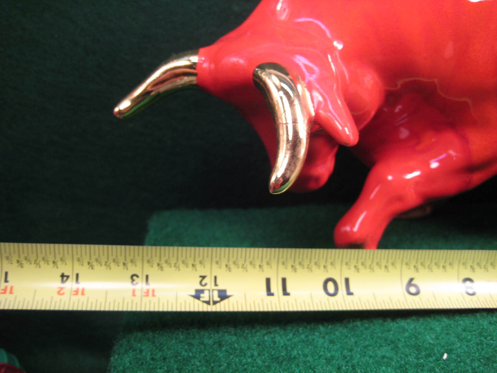 Vintage Large Fiery glazed Red Ceramic Bull Statue, Gold Eyes, Horns, Hooves