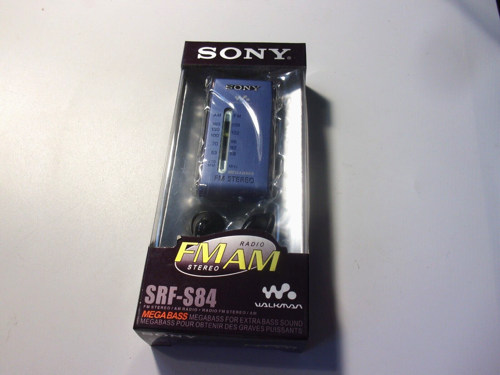 Sony SRF-S84 FM/AM stereo pocket radio. Mega bass. Blue. New in box.