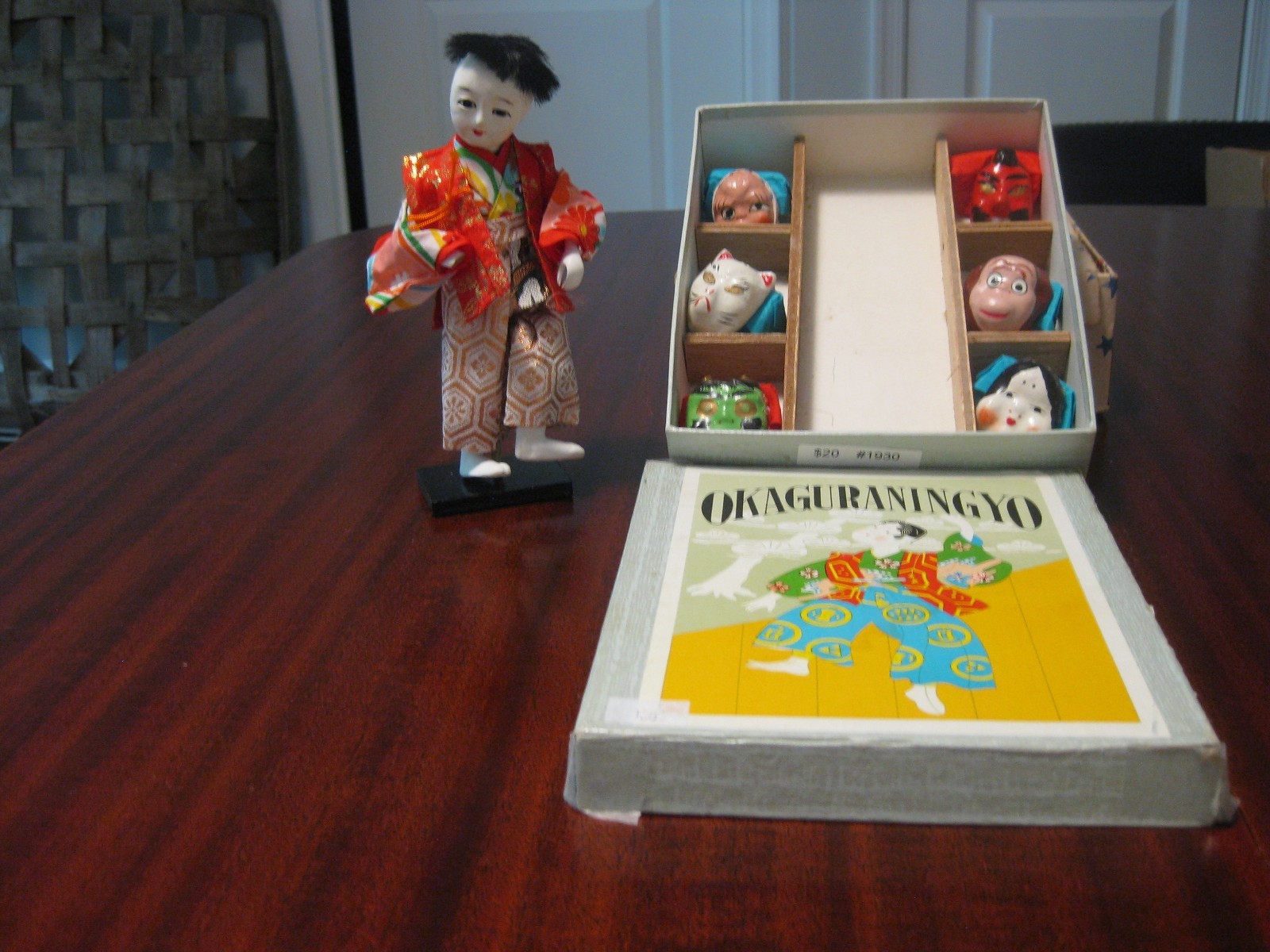 Vintage OKAGURANINGYO Doll w/ 6 Masks Japanese Traditional Mask Dance Doll