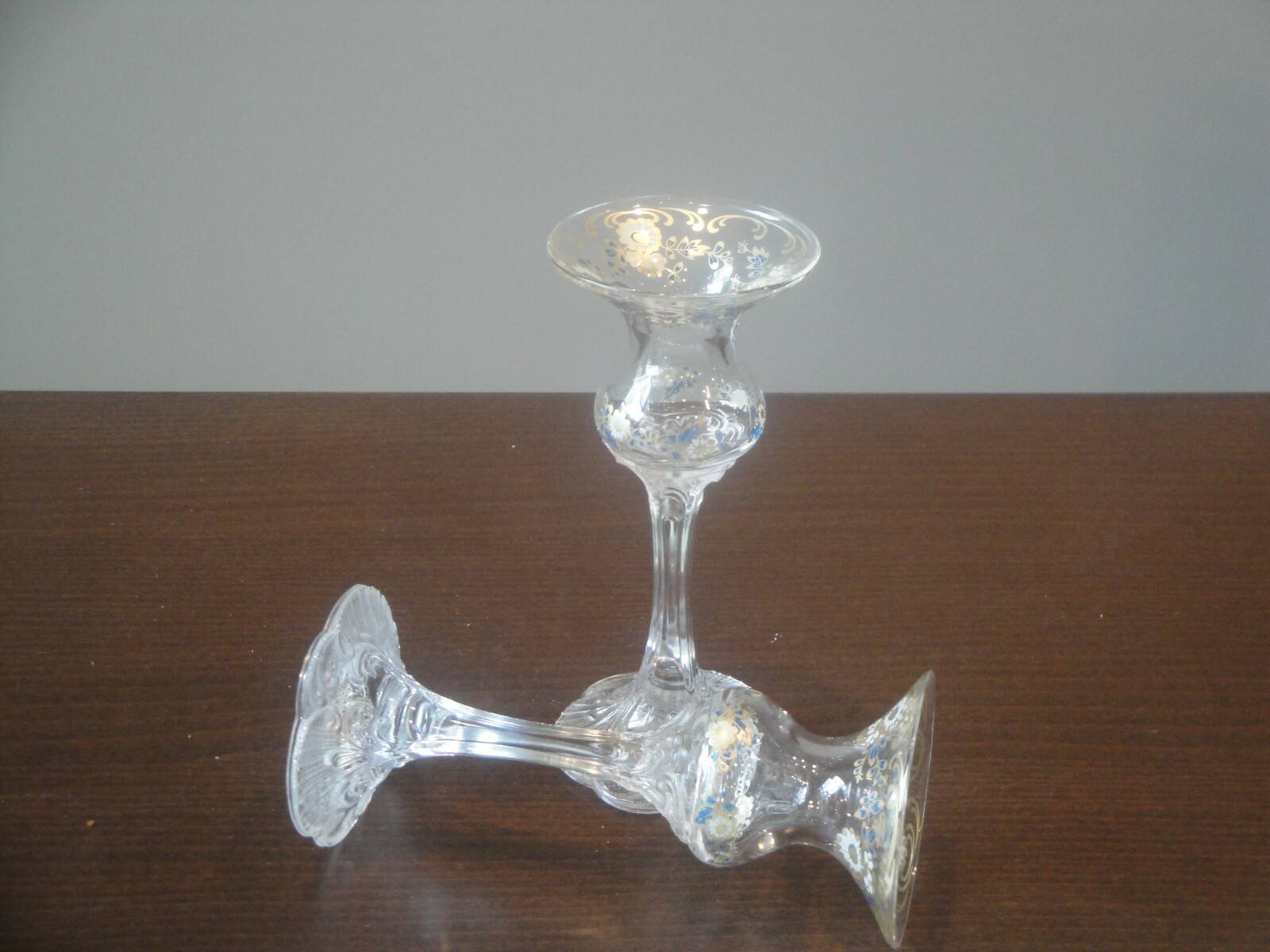 2 ROSENTHAL CRYSTAL CLASSIC ROSE CANDLESTICKS - BLUE GOLD WHITE FLOWERS - 6.25