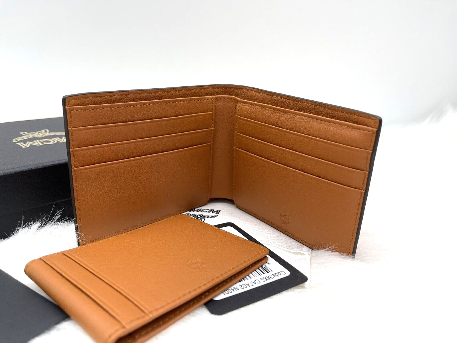 Pre-owned Mcm Auth  Portuna Embossed Monogram Bifold Leather Wallet With Case Case In Roasted Pecan