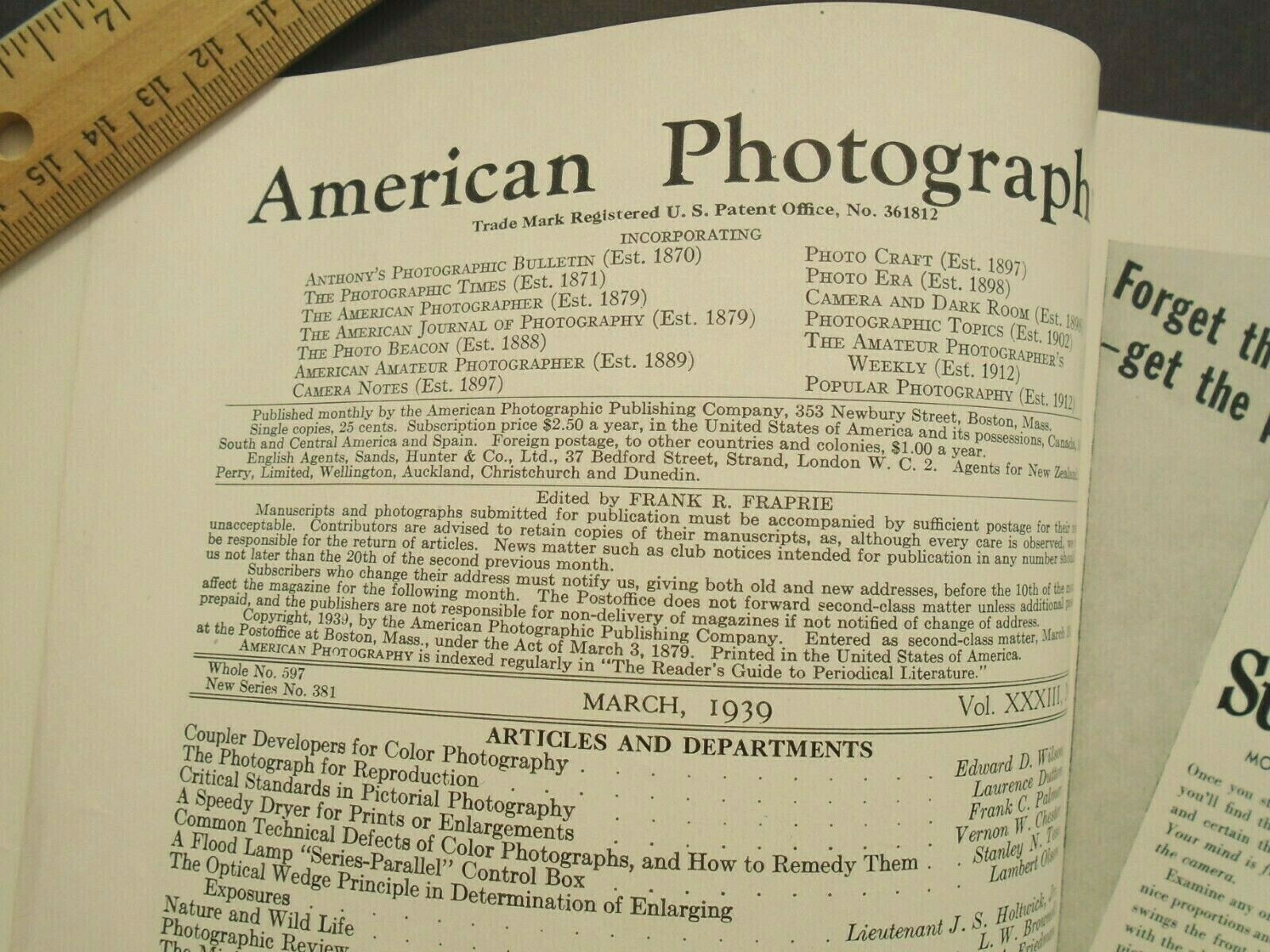 Vintage Magazine AMERICAN PHOTOGRAPHY March 1939 with 42 pgs CAMERA ADVERTISING