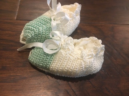 Vintage Green And White Crocheted Baby Shoes