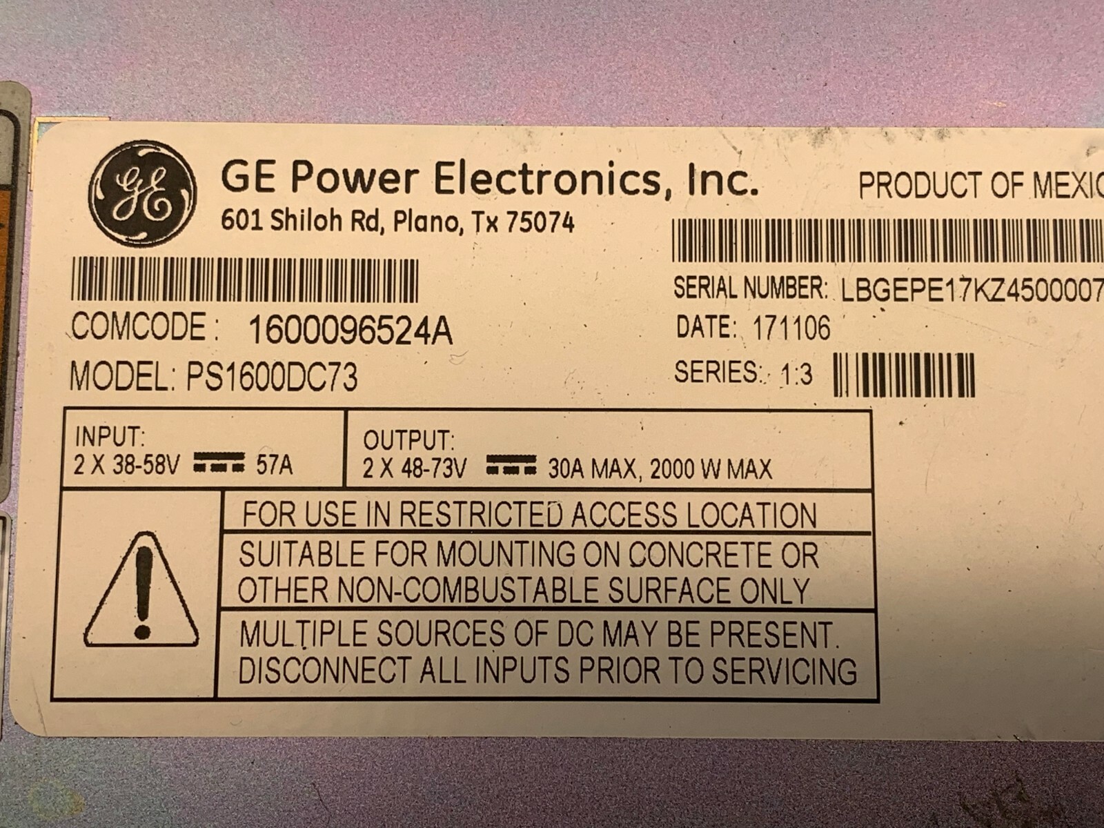 GE POWER ELECTRONICS  PS1600DC73 1600096524A