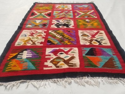 Vintage Traditional Handmade Peruvian Andean  Wool Red Tapestry Kilim 4.10x3.4ft