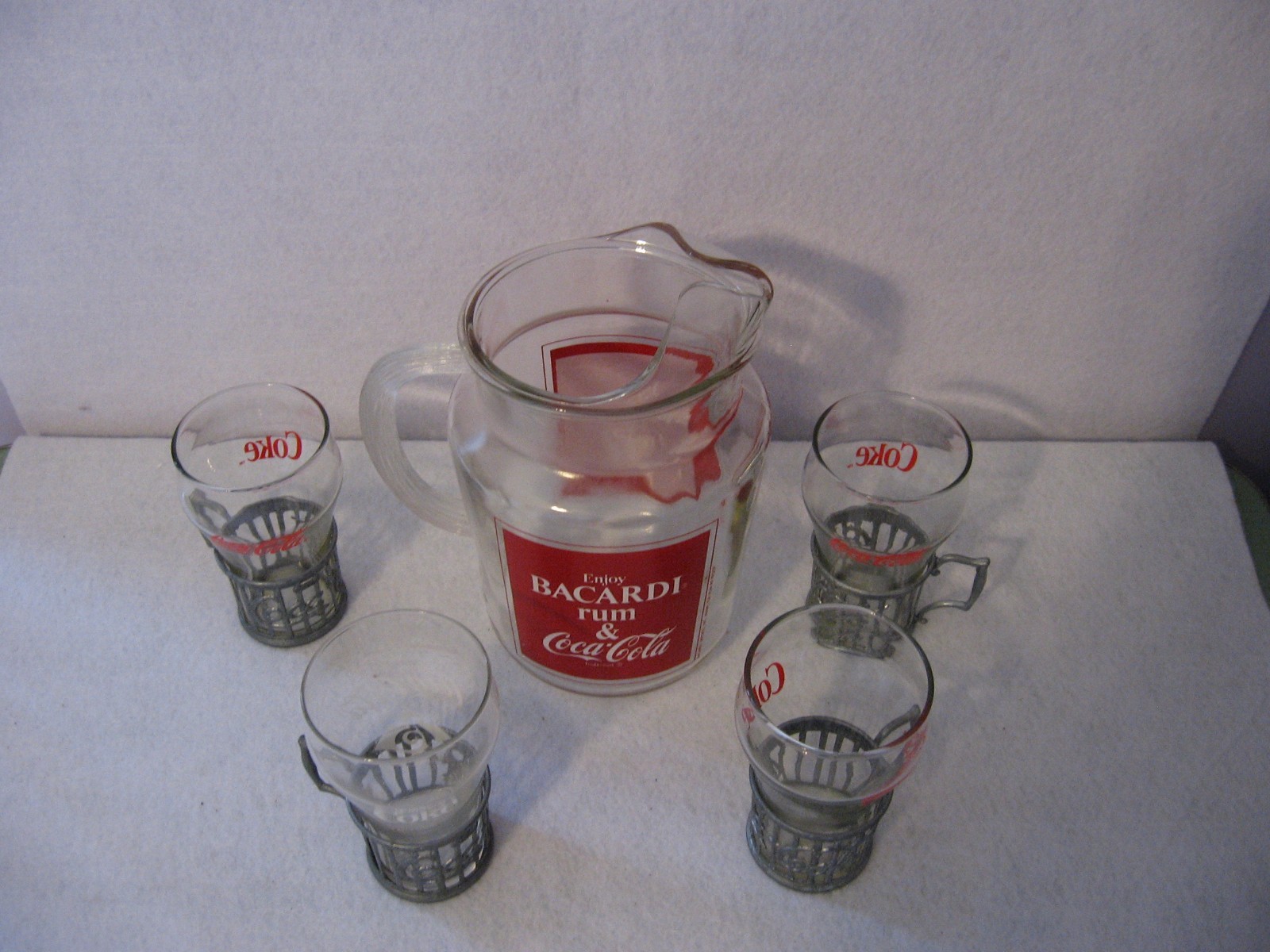 Bacardi Rum & Coke Coca-Cola  Serving Pitcher/Set (4) Glasses & Metal Holders