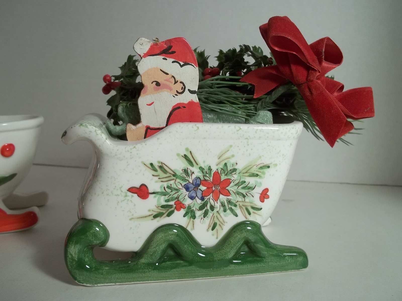 2 Vintage Christmas Sleigh Planters Candy Dishes one is INARCO