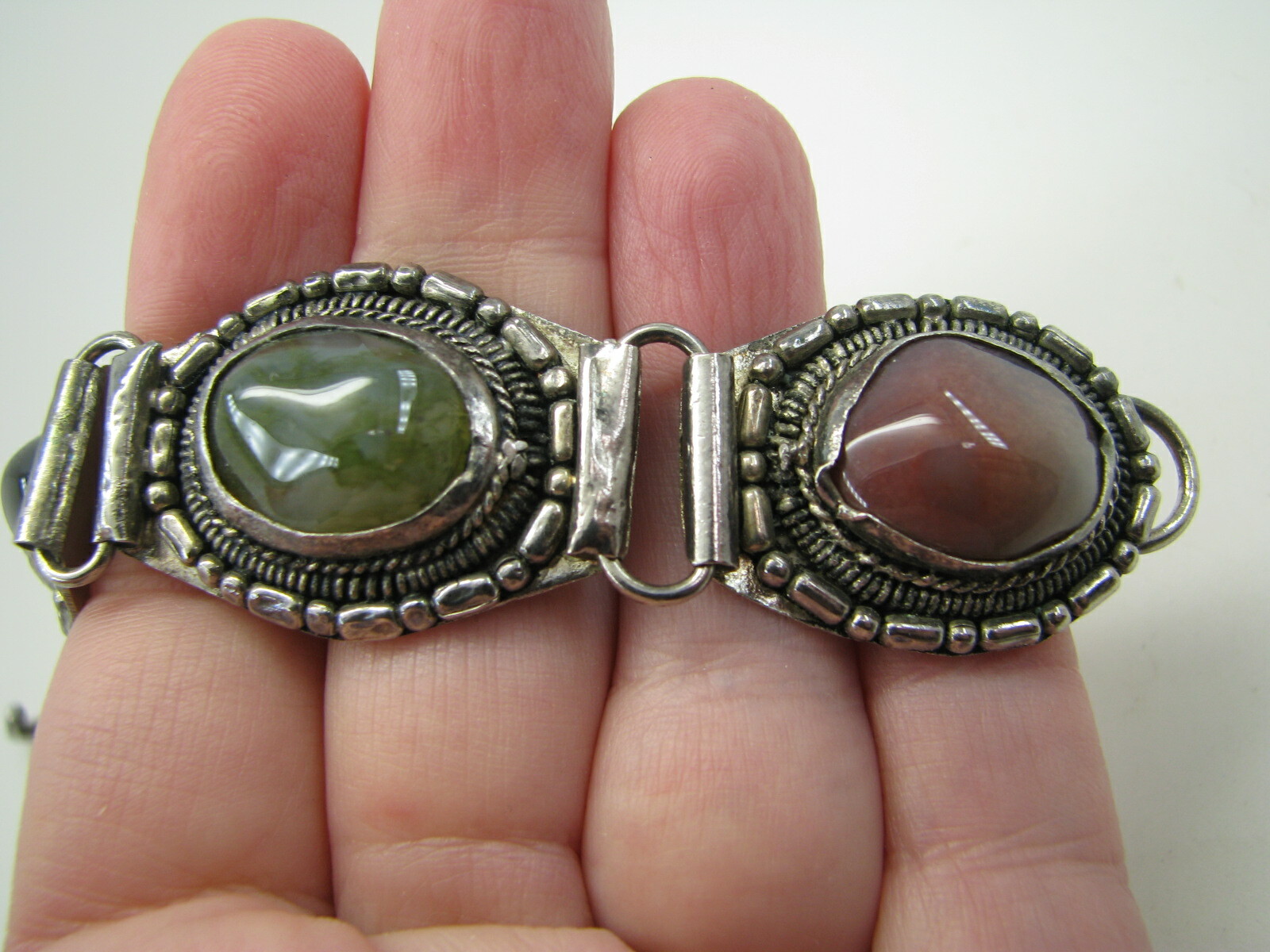 ARTISAN Hand-Crafted SILVER BRACELET Polished Rocks GEMSTONES Conchos PANELS