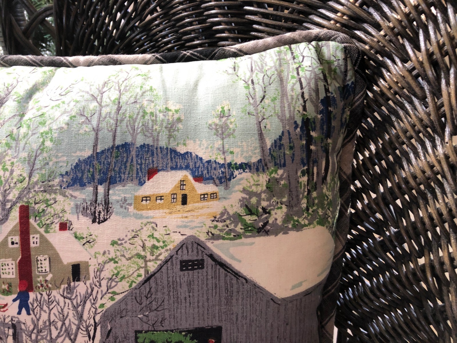 Grandma Moses fabric,  Custom pillow, Plaid piping,  Springtime on the Farm,