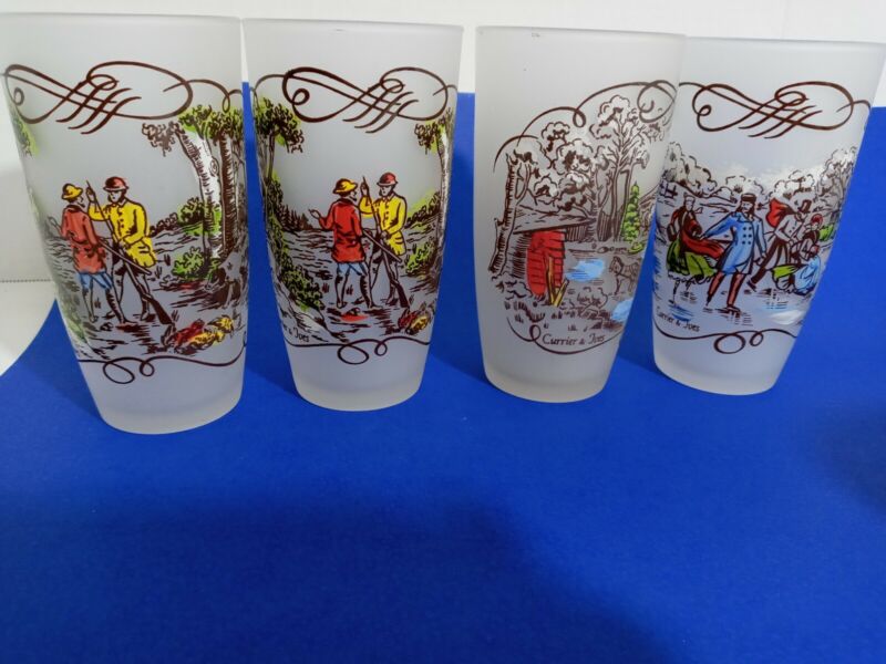 Currier And Ives Frosted Painted Glasses Set Of 8 5 Different Scenes