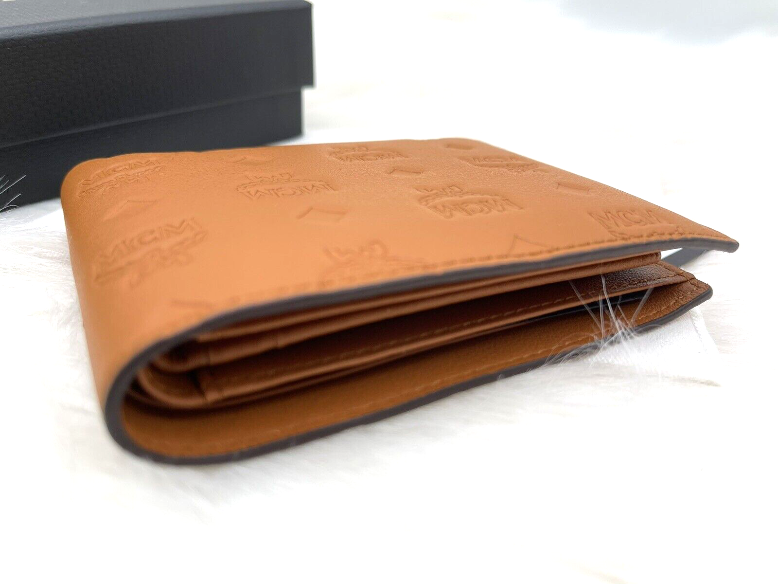 Pre-owned Mcm Auth  Portuna Embossed Monogram Bifold Leather Wallet With Case Case In Roasted Pecan