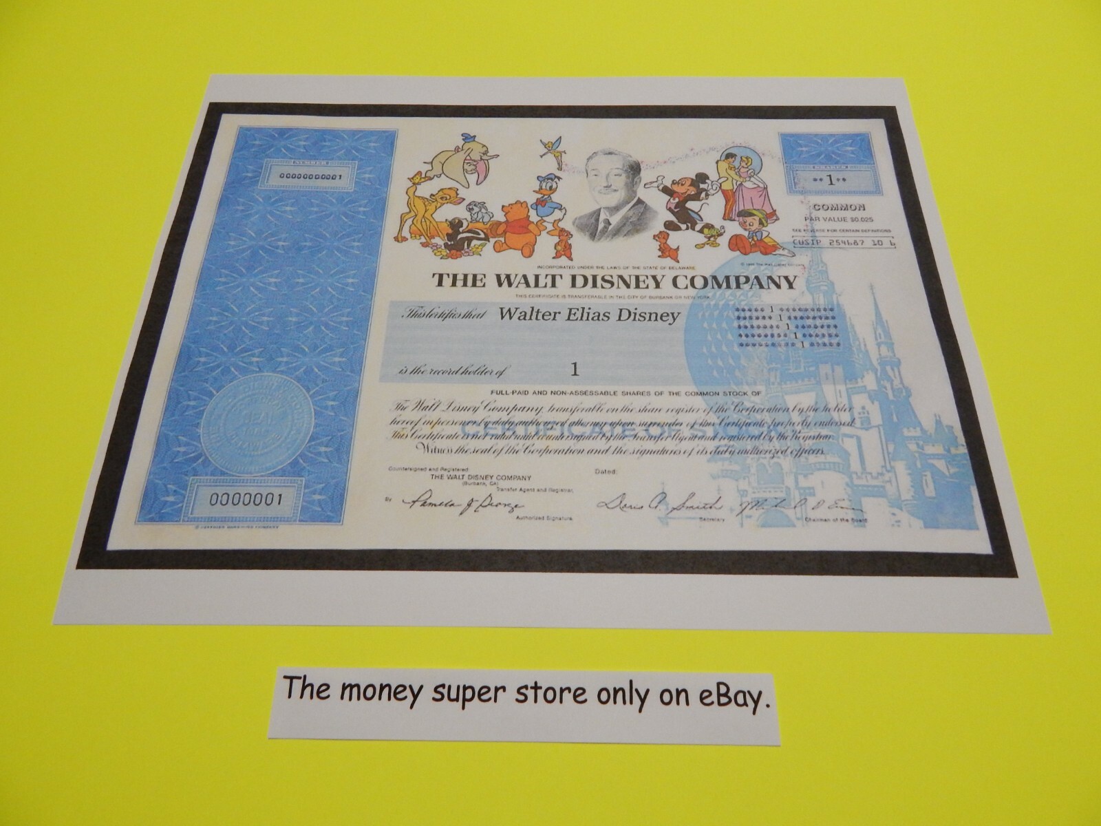 ディズニー フィルム原版 オリジナルマテリアル　超珍品　非売品 The Walt Disney Company stock certificate COPY of original