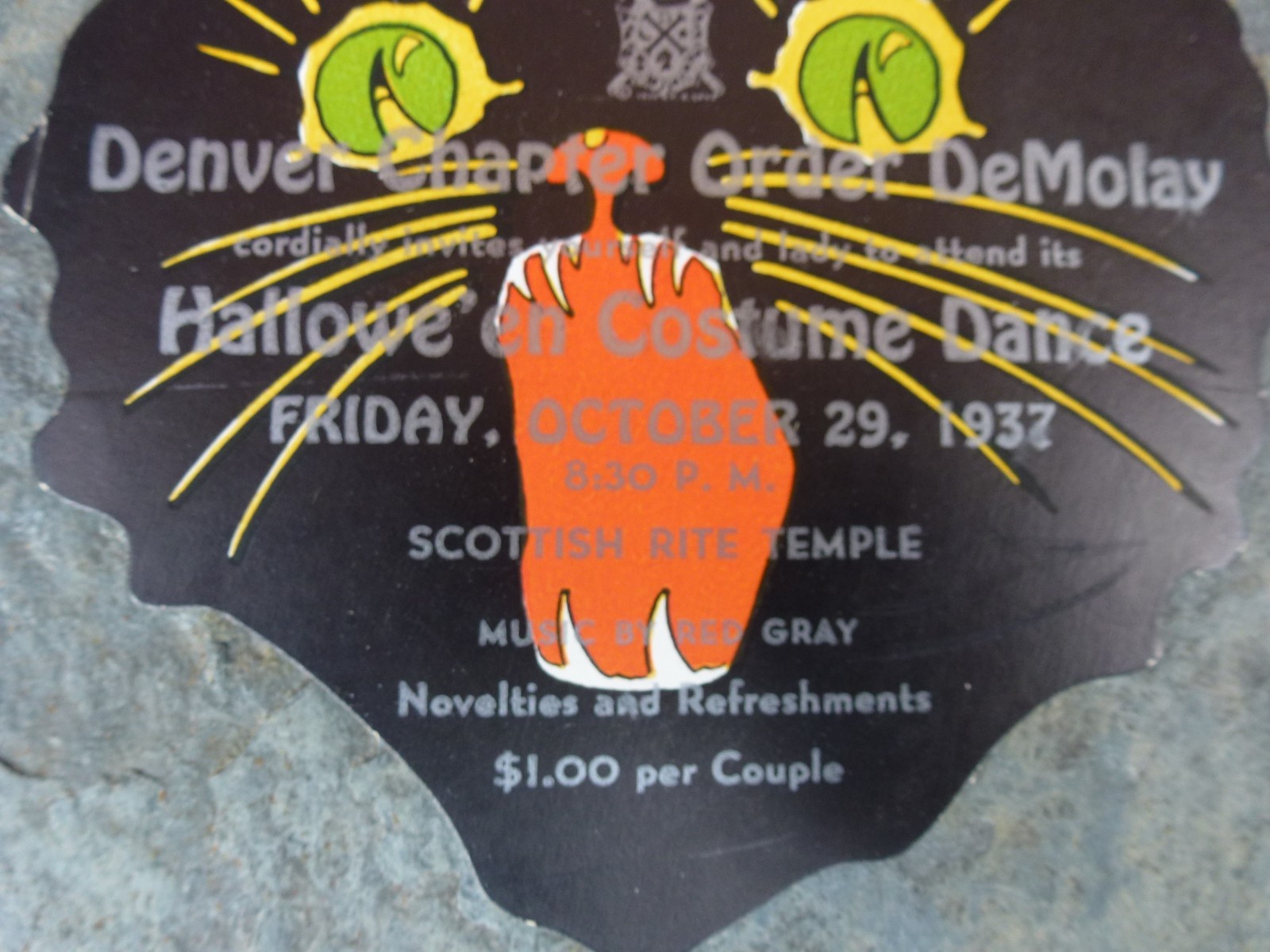 MASONIC 1937 DE MOLAY Halloween Black Cat Cardboard Invitation Denver