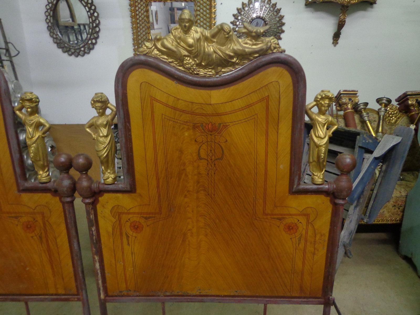 RARE PAIR OF ITALIAN ART NOUVEAU PAINT DECORATED TWIN MATRIMONIAL BEDS CA 1885