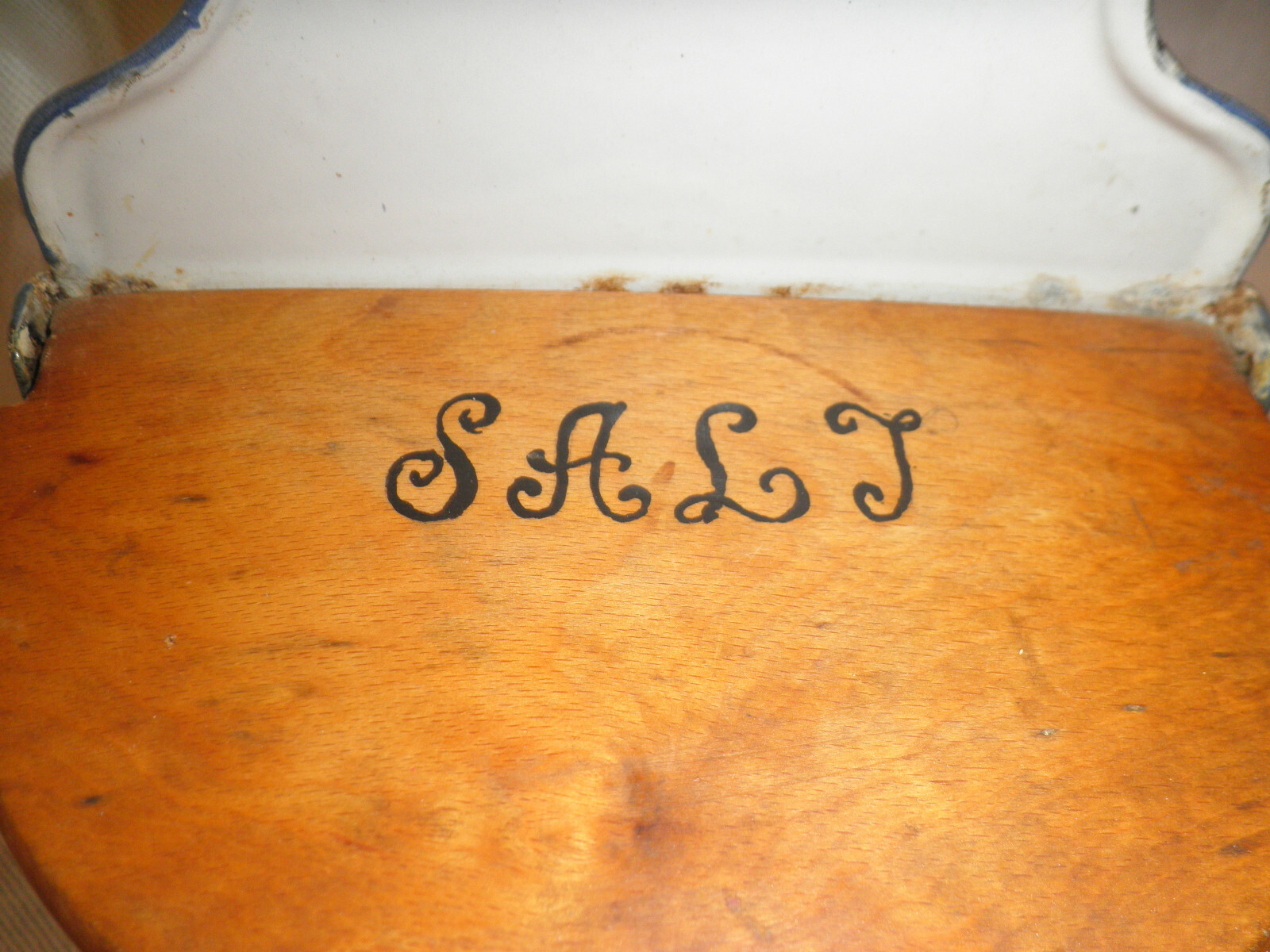 Blue relish graniteware salt box enamelware