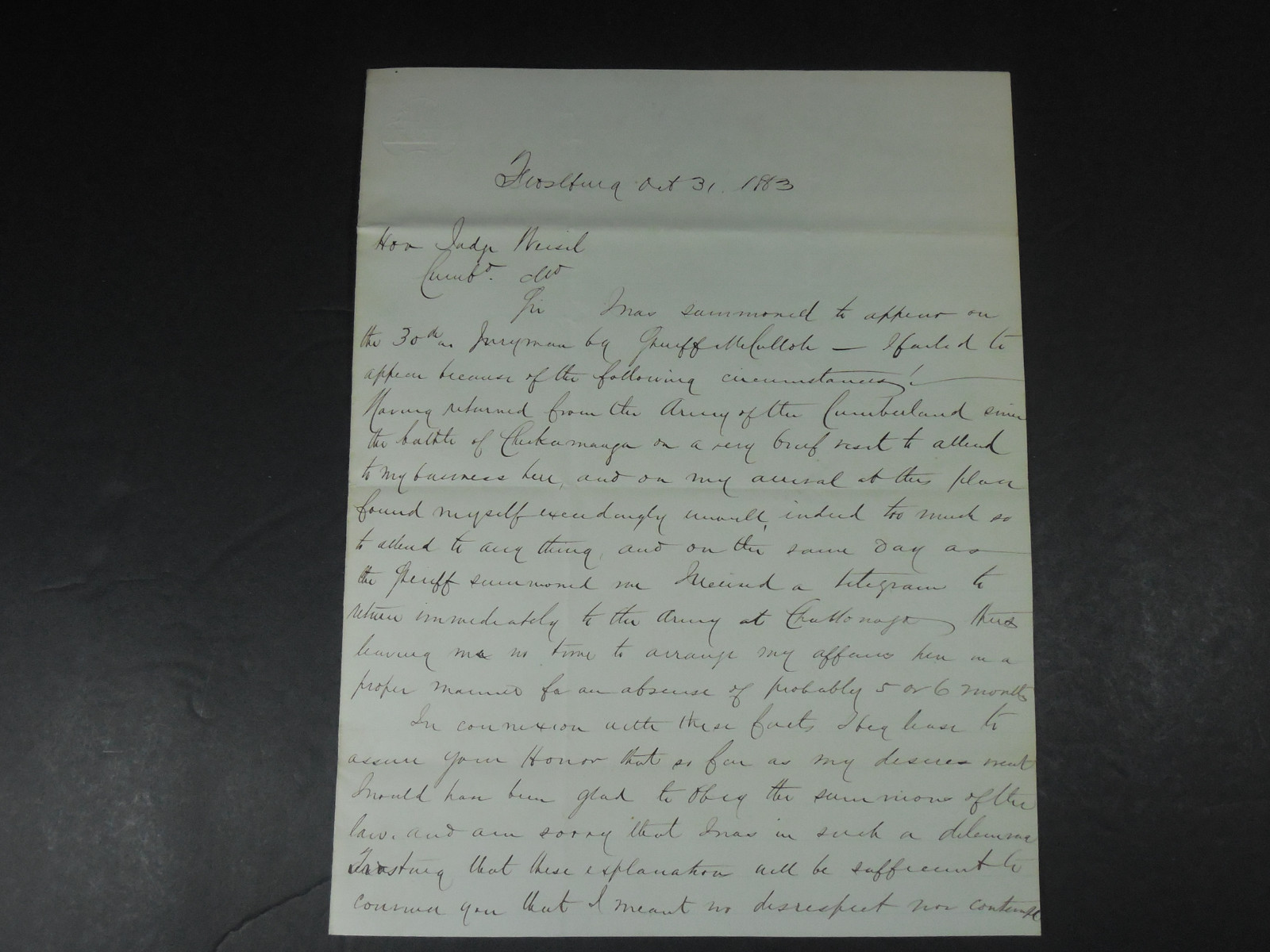 1883 EXCUSE LETTER FOR MISSING JURY DUTY SUMMONS HISTORICAL LEGAL PAPER EPHEMERA