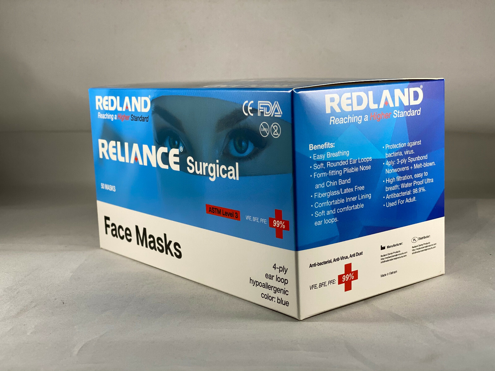 REDLAND RELIANCE Surgical BLUE Ear loop Face Mask (ASTM LEVEL-3) 50 PCS/BOX