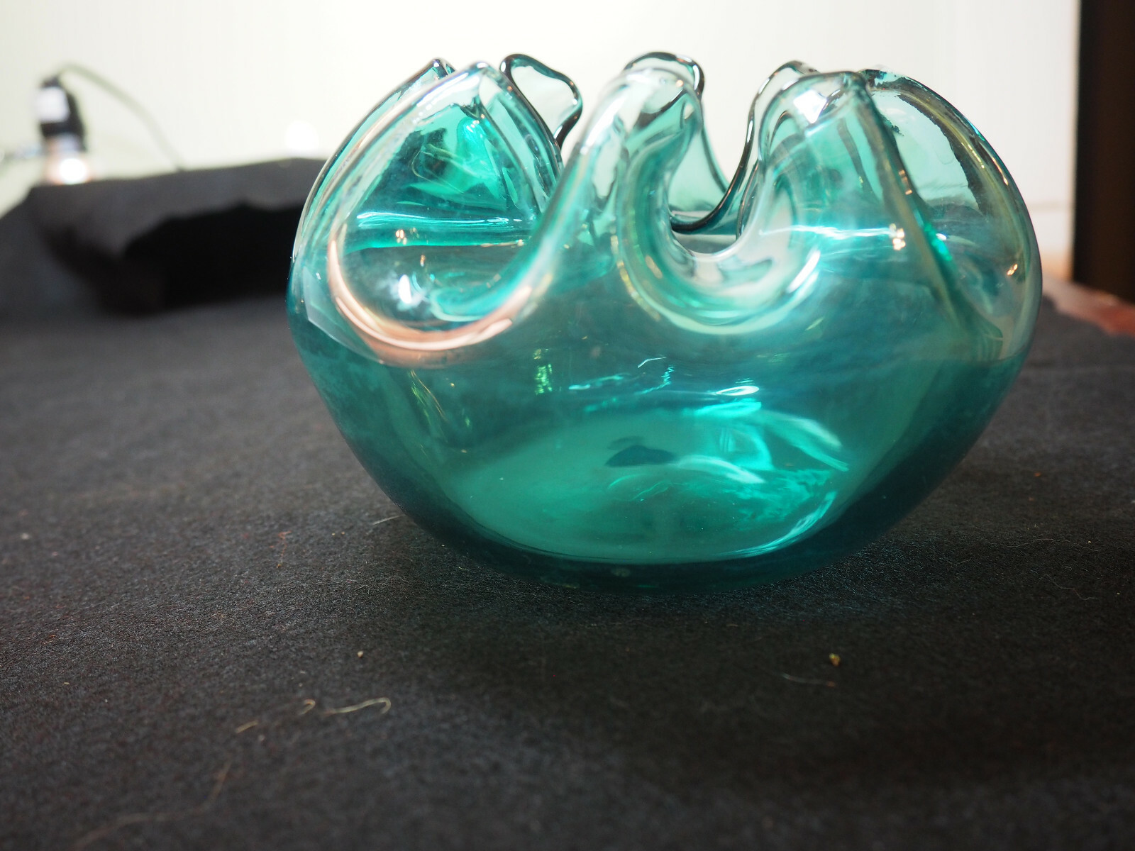 Lovely Early Blown Glass Open Pontil turquiose Blue Crimped Top Vase Bowl
