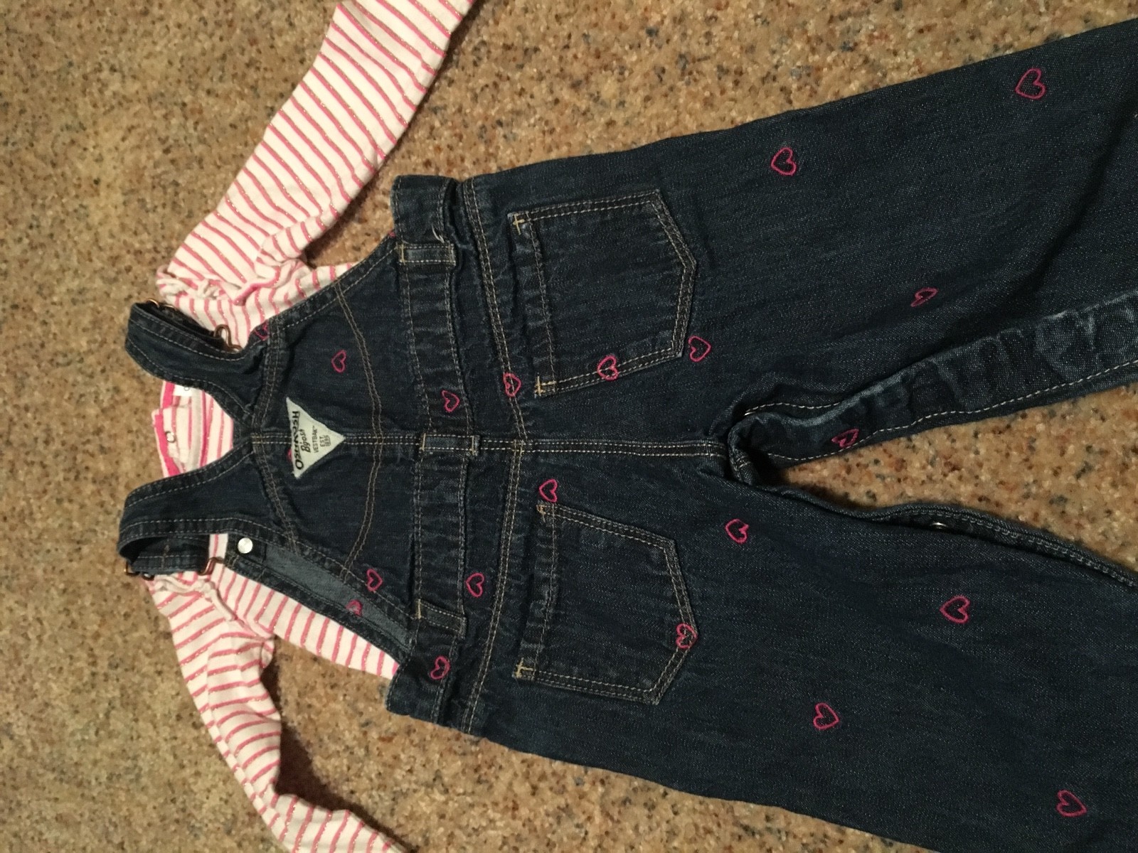 Osh Kosh Overalls and Bodysuit Pink Hearts/Stripes 12 Months