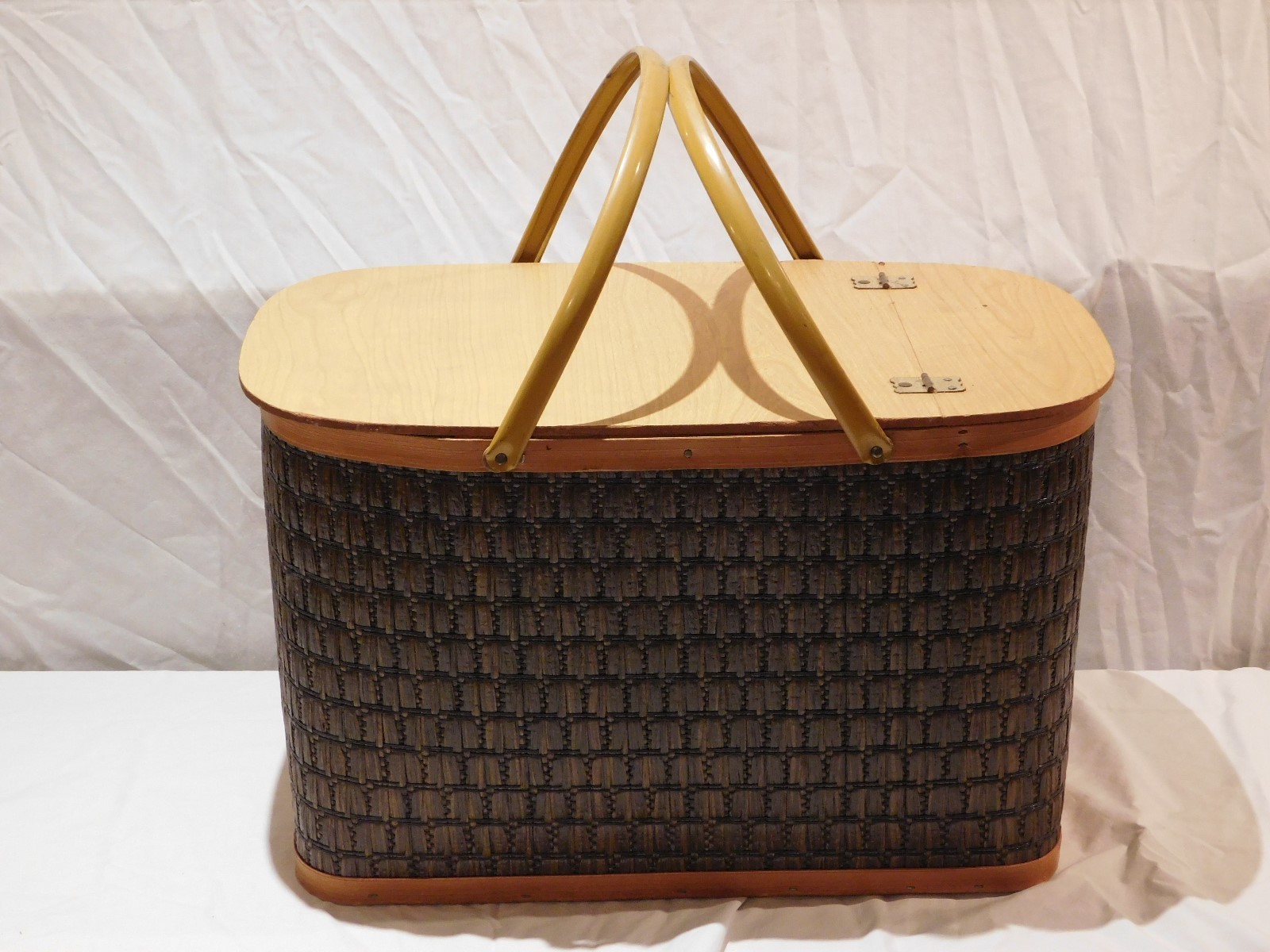Vintage Wicker Picnic Basket w/ Folding Metal Arms
