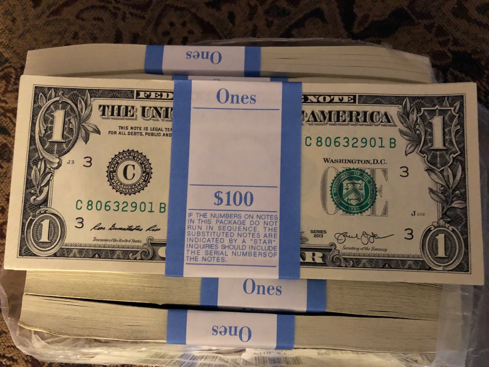 FIVE (5) ONE DOLLAR $1 Notes UNCIRCULATED, CRISP from BEP PA