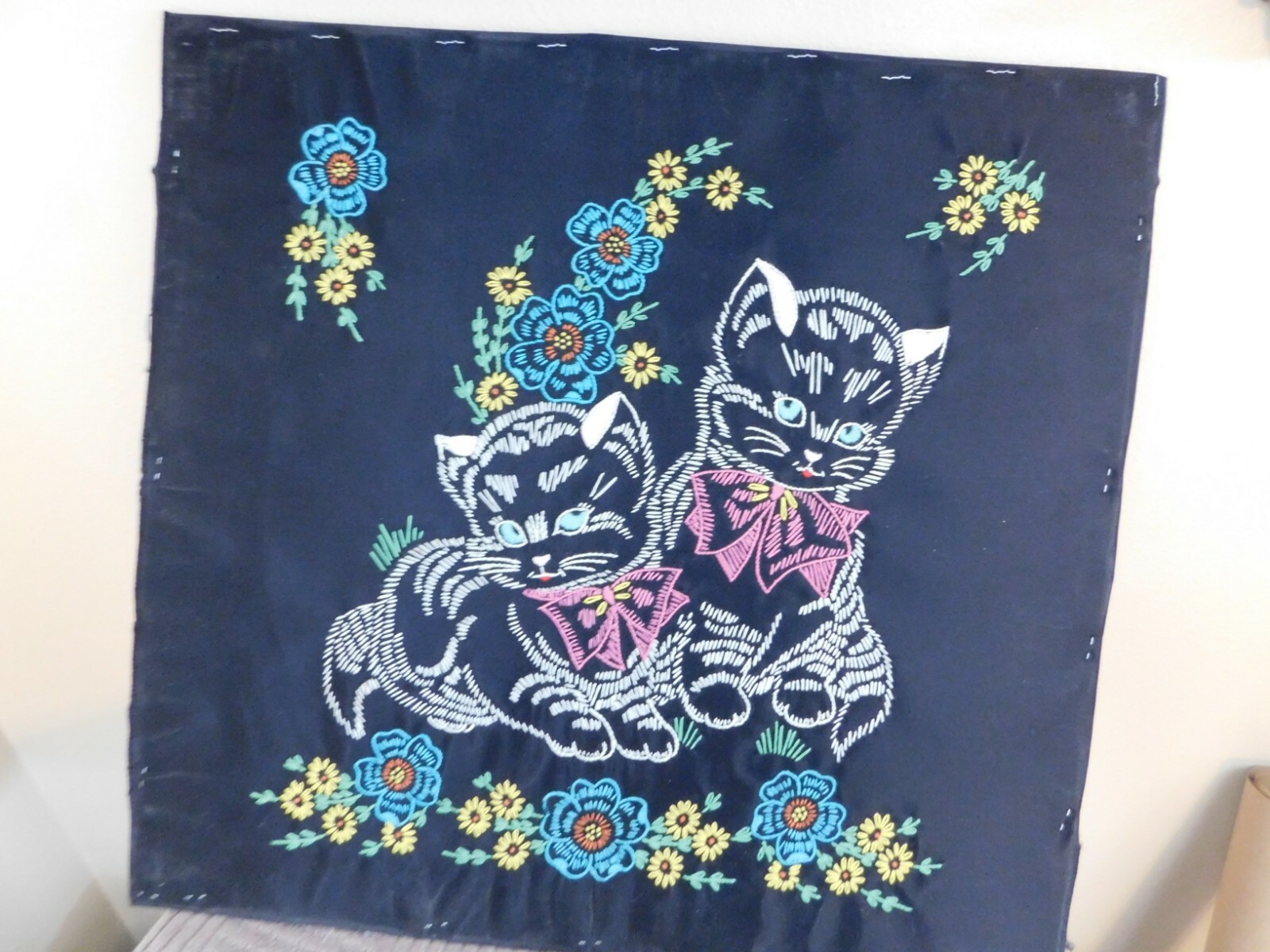 Black Kittens Colortex Pillow Form Satin Hand Embroidered COMPLETED Vintage