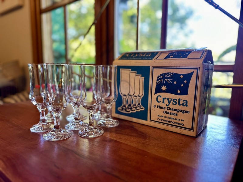 Vintage Crown Corning Crysta Champagne Glass Flutes Set Of 8 Original Box
