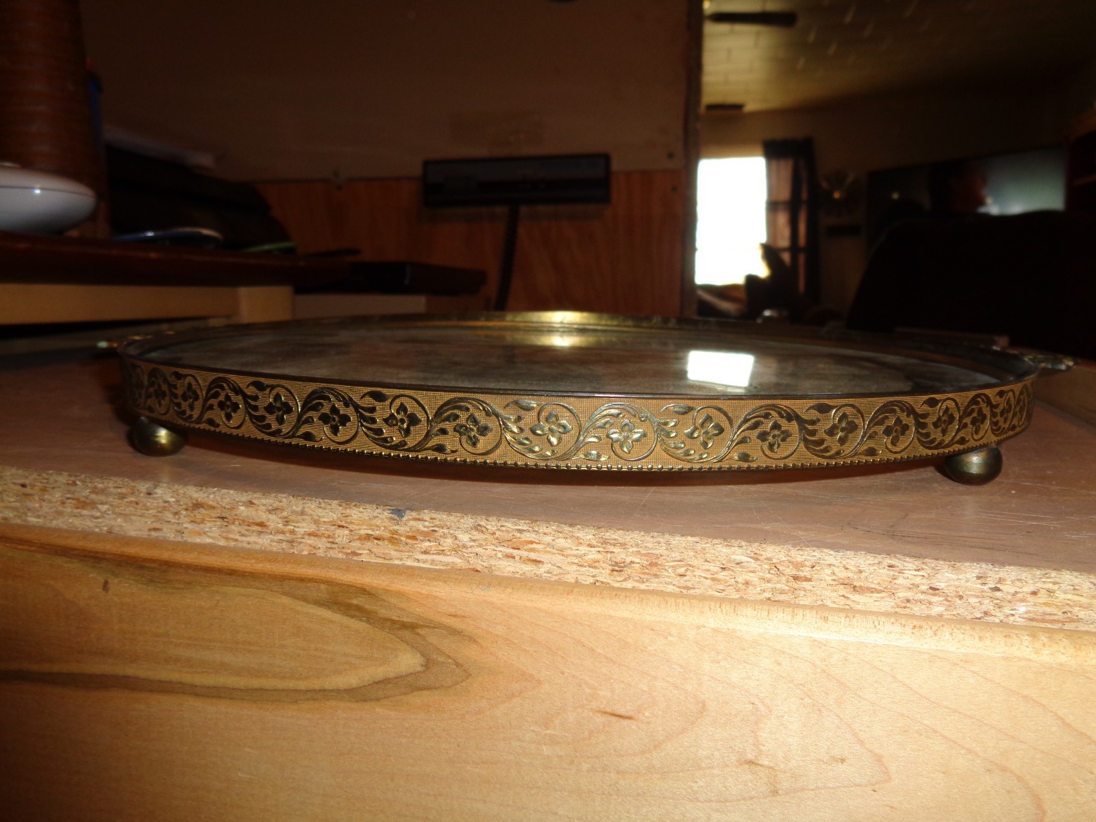 BRASS  & GLASS  serving tray 14 inch