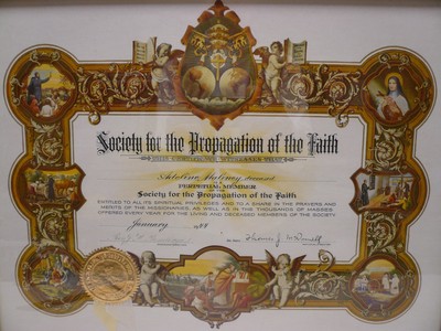 Vtg Society for the Propagation of Faith 1944 Certificate Perpetual Paper Print