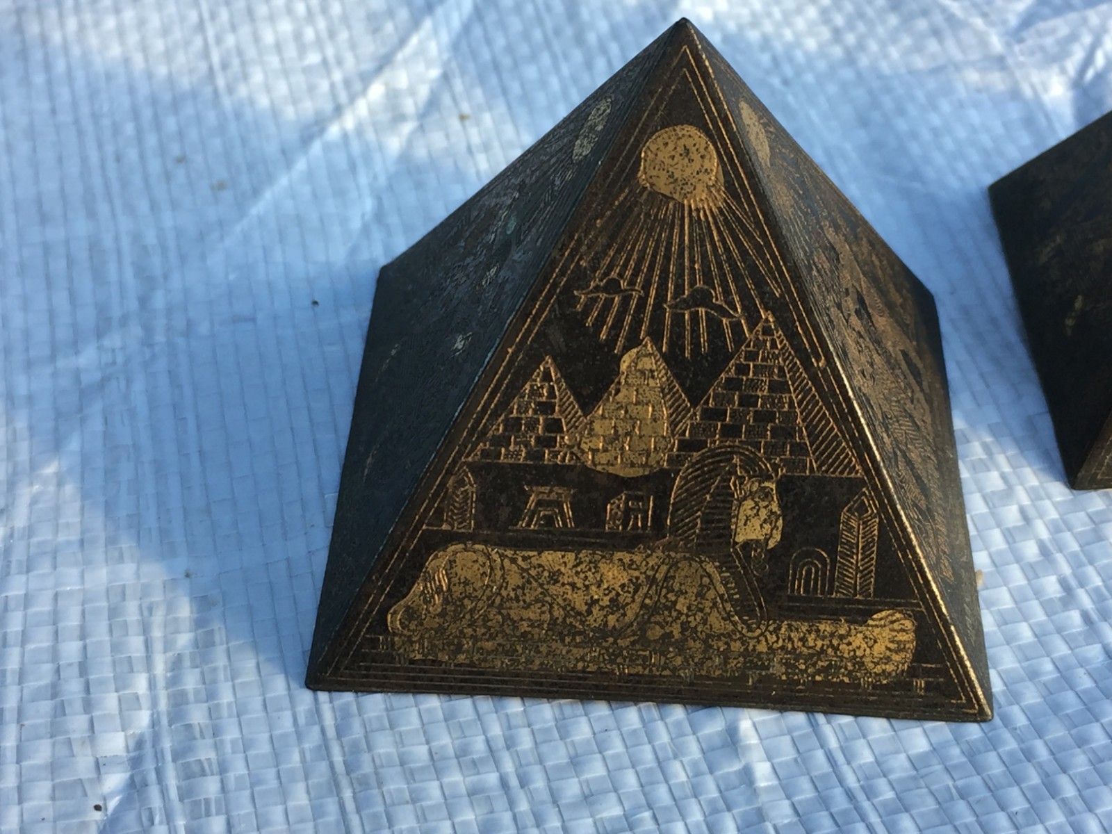 Vintage Set 2 Brass Pyramid From Egypt Detailed Etching On All Sides Quality