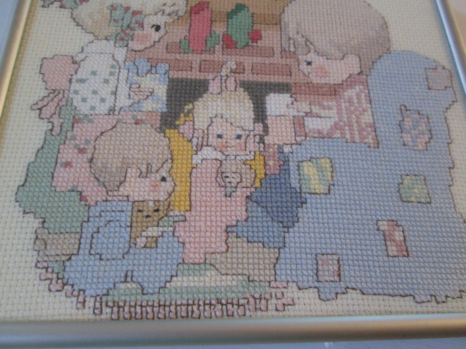 2 Completed Christmas Cross Stitch Framed Precious Moments Tree Bear Stockings