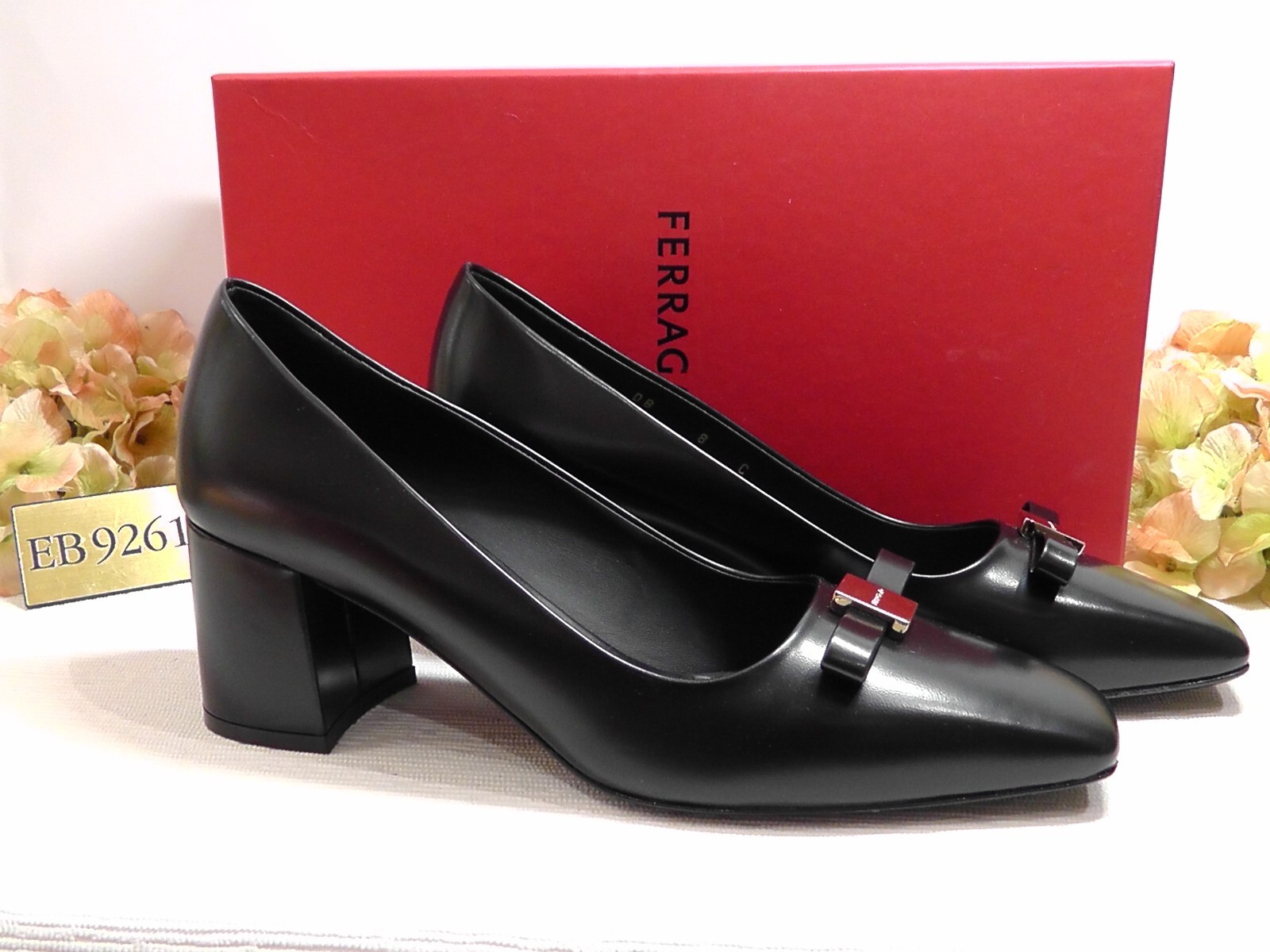 Pre-owned Ferragamo Black Leather Myra Bow Block Heel Pumps Size 9c $850nib