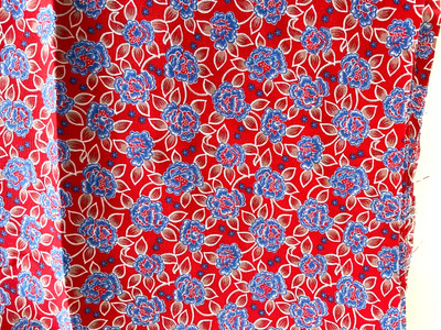 Vintage Cotton Quilting Fabric Calico Red With Blue Flowers 33x44