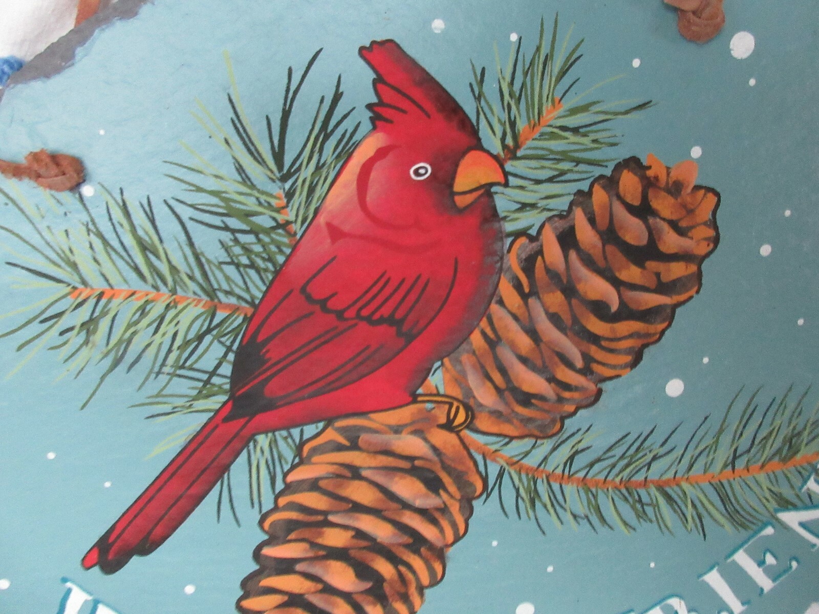 NEW WELCOME FRIENDS CARDINAL WINTER OVAL SLATE HANGING PLAQUE SIGN PINECONES