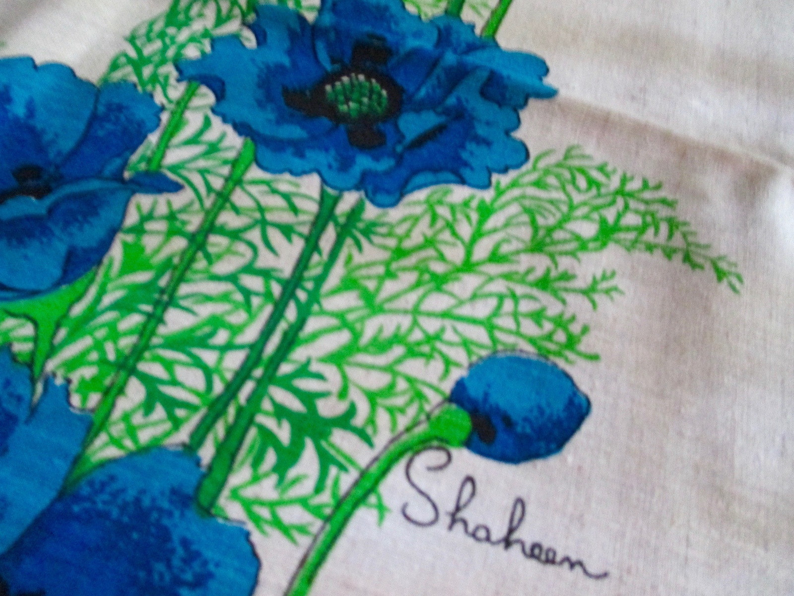 Fabric 60s/70s Alfred Shaheen Signed Panel Linen Blue Green Floral New Vintage