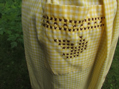 Vintage Cotton Gingham Yellow & White Half Apron with Cross Stitching