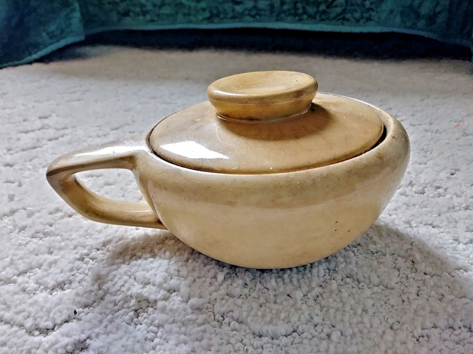Antique Stoneware Crock Bowl with Handle and Lid Slanted Covered Dish Pottery