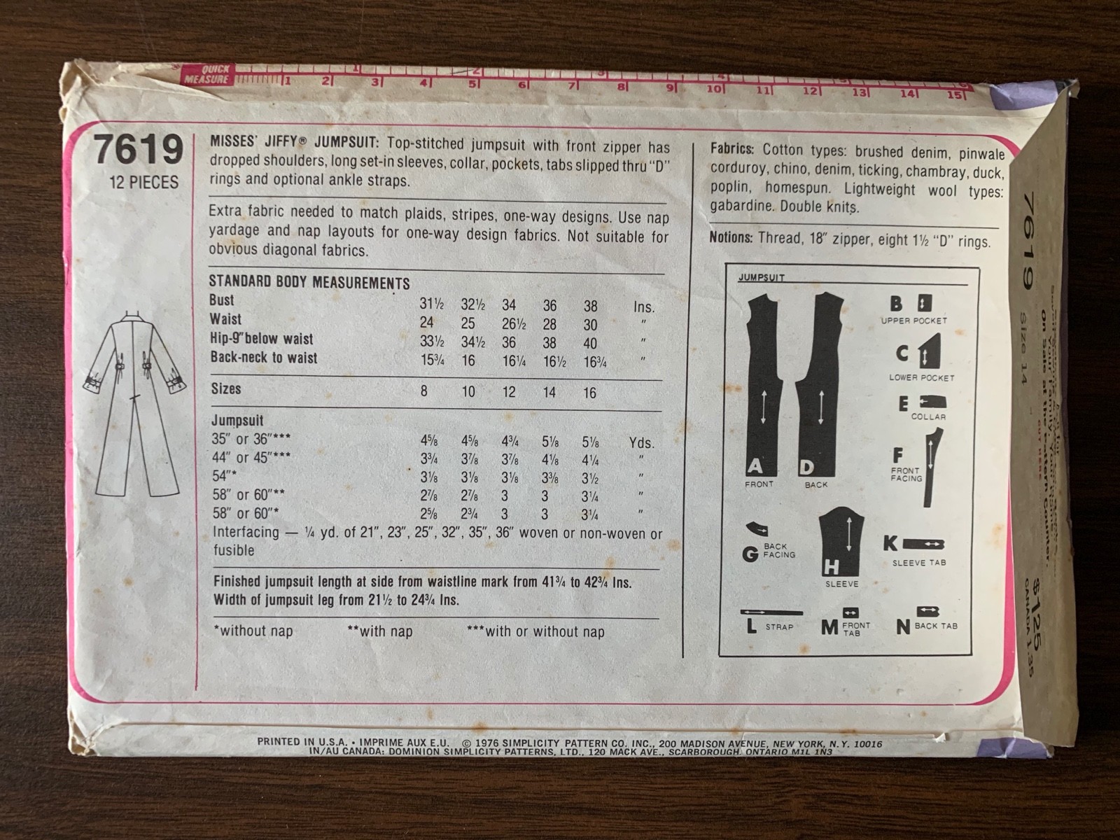 Vintage 70's Simplicity pattern 7619 men's jiffy jumpsuit front zipper uncut 42