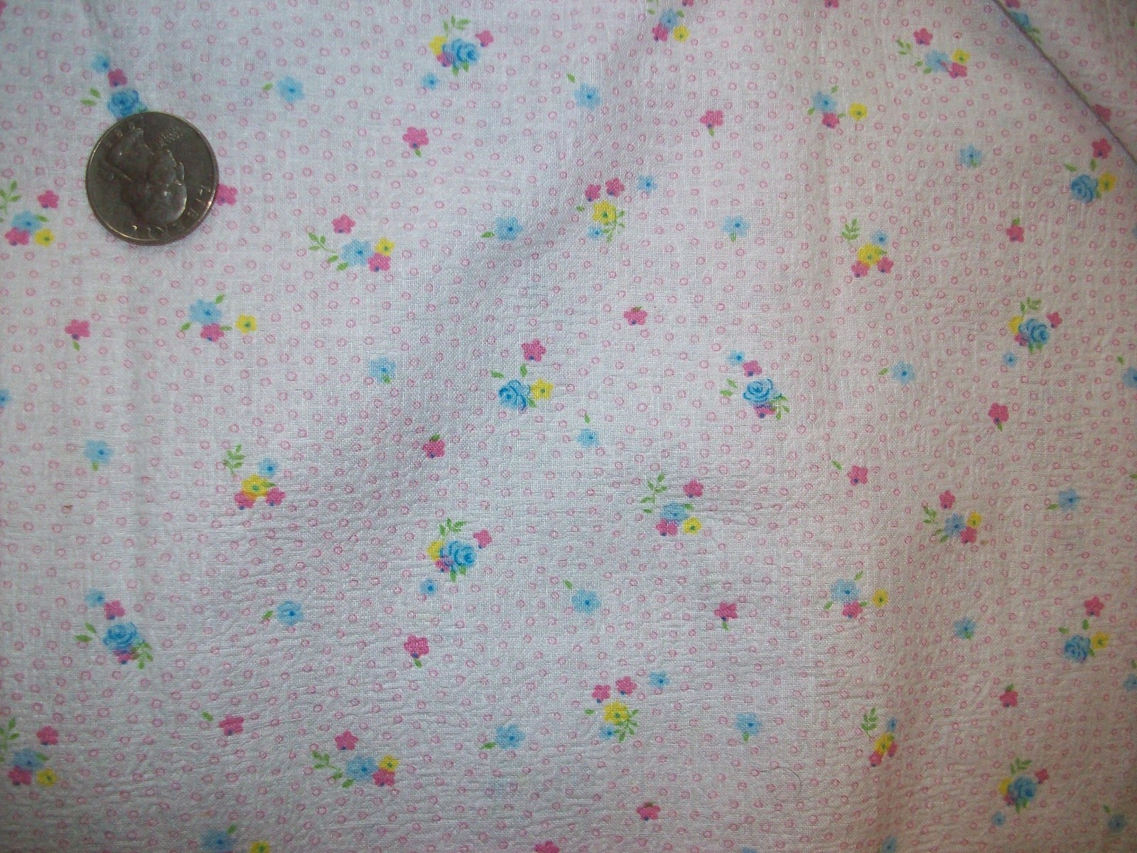 Vintage Tiny Pastel Floral Plisse Semi-Sheer Cotton Fabric Doll Child