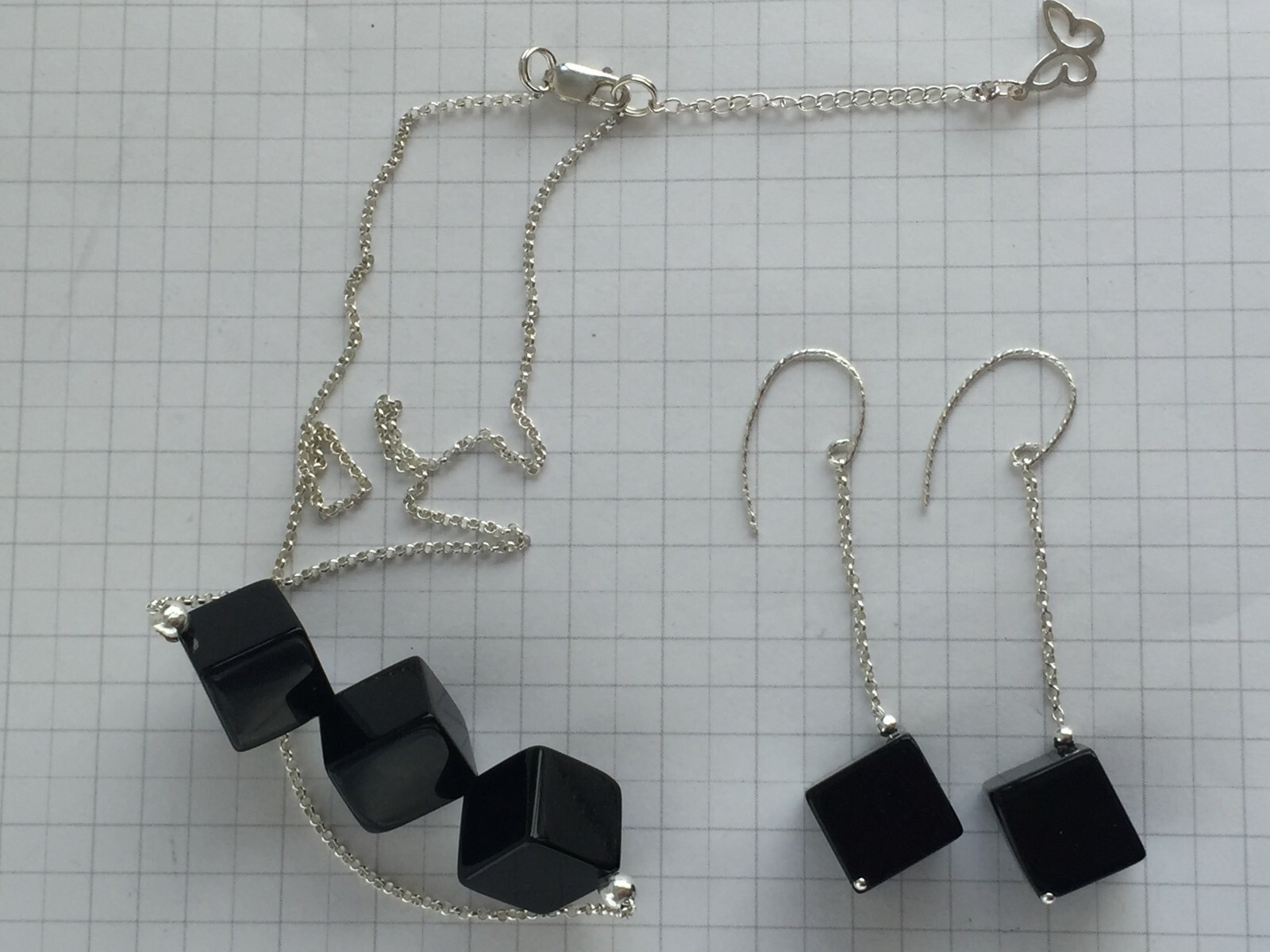 Black Cube Onyx Necklace Earring Sterling Silver Necklace Adjustable Birthstone