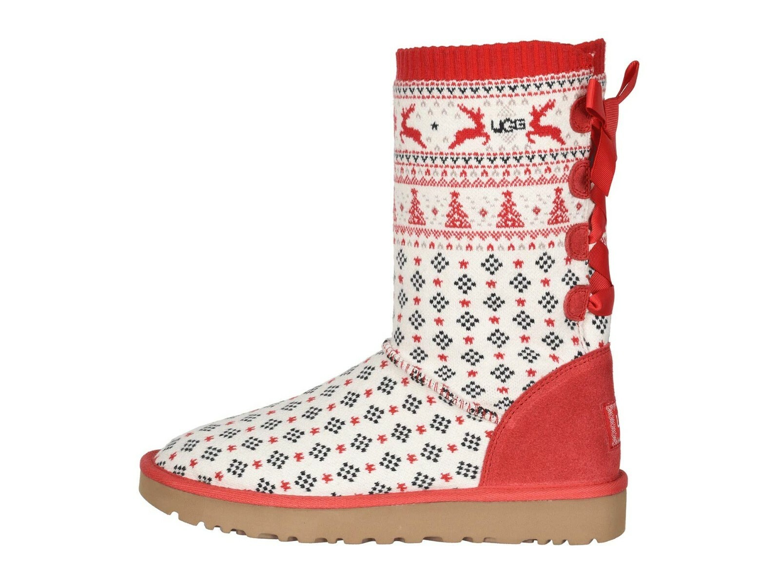 Pre-owned Ugg Christmas Year Holiday Sweater Flat Knit Boots Ribbon Red 6, 7, 8, 9, 11