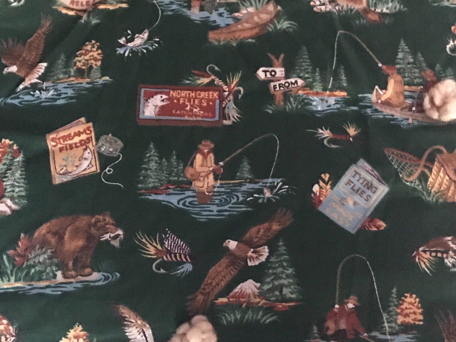 VTG Green Bear Eagle Fly Fishing QUILT Tied BLANKET 79X96 Queen Cottage Cabin